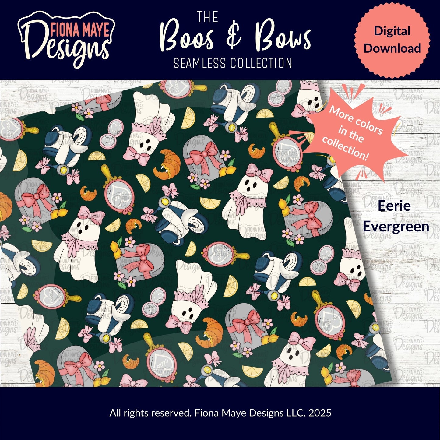 Fiona Maye Designs Halloween-themed pattern with ghosts, bows, and other elements on a dark green background.