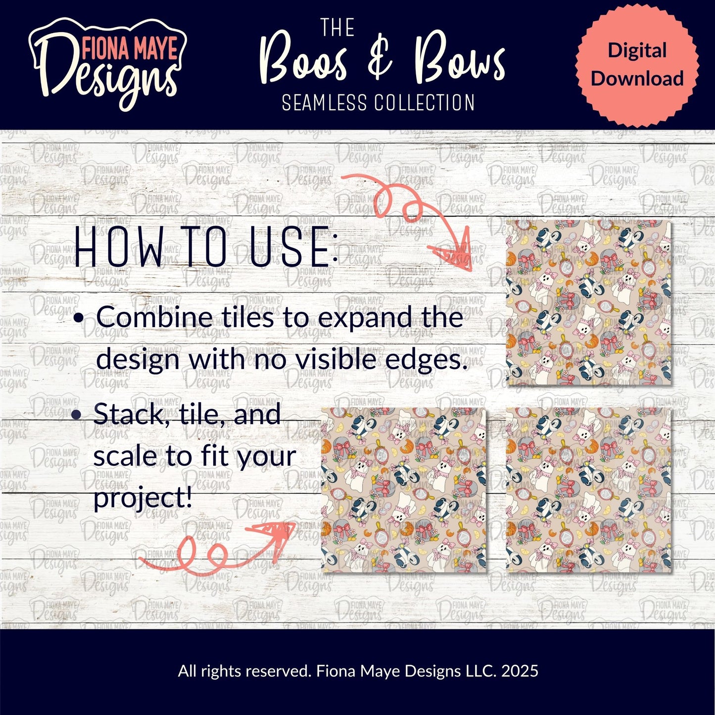Fiona Maye Designs 'The Lost Souls' seamless collection digital download with patterned tiles on a white background demonstrating that it is seamless.