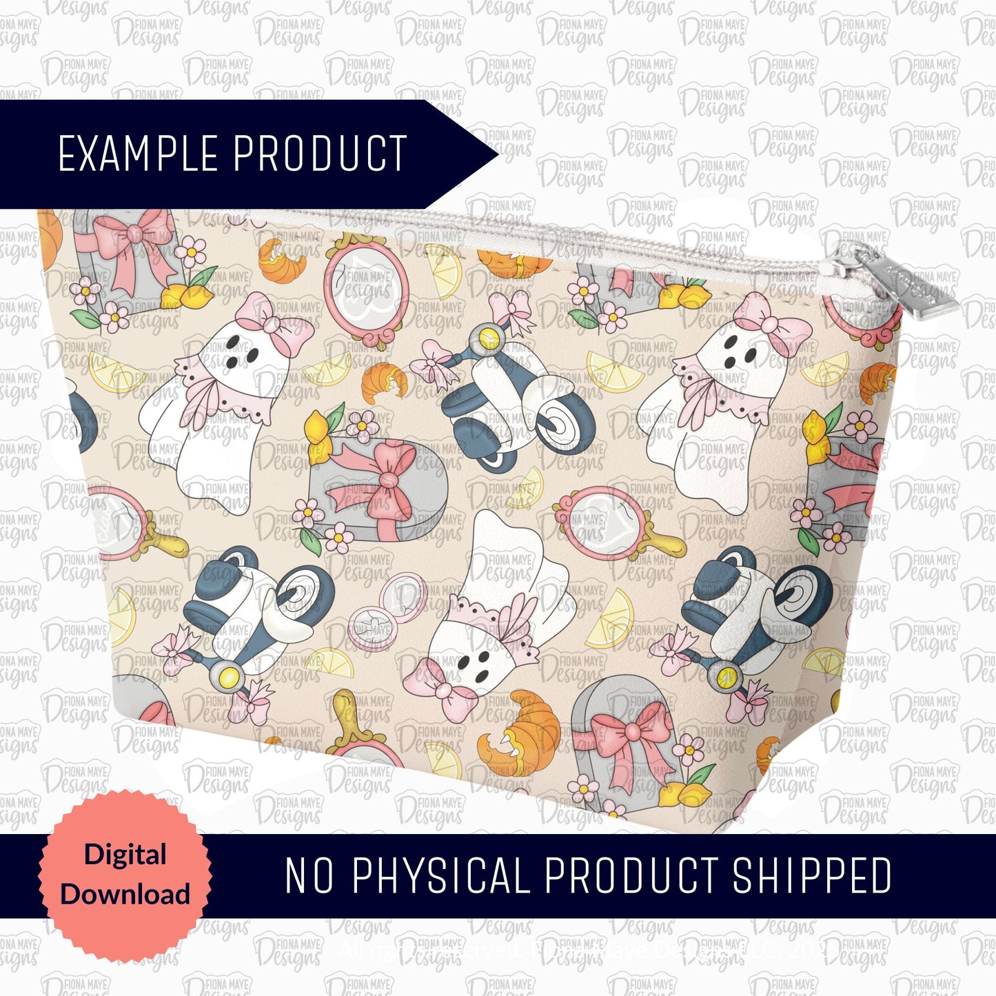 Zipper pouch with ghosts and tombstones against a white background.