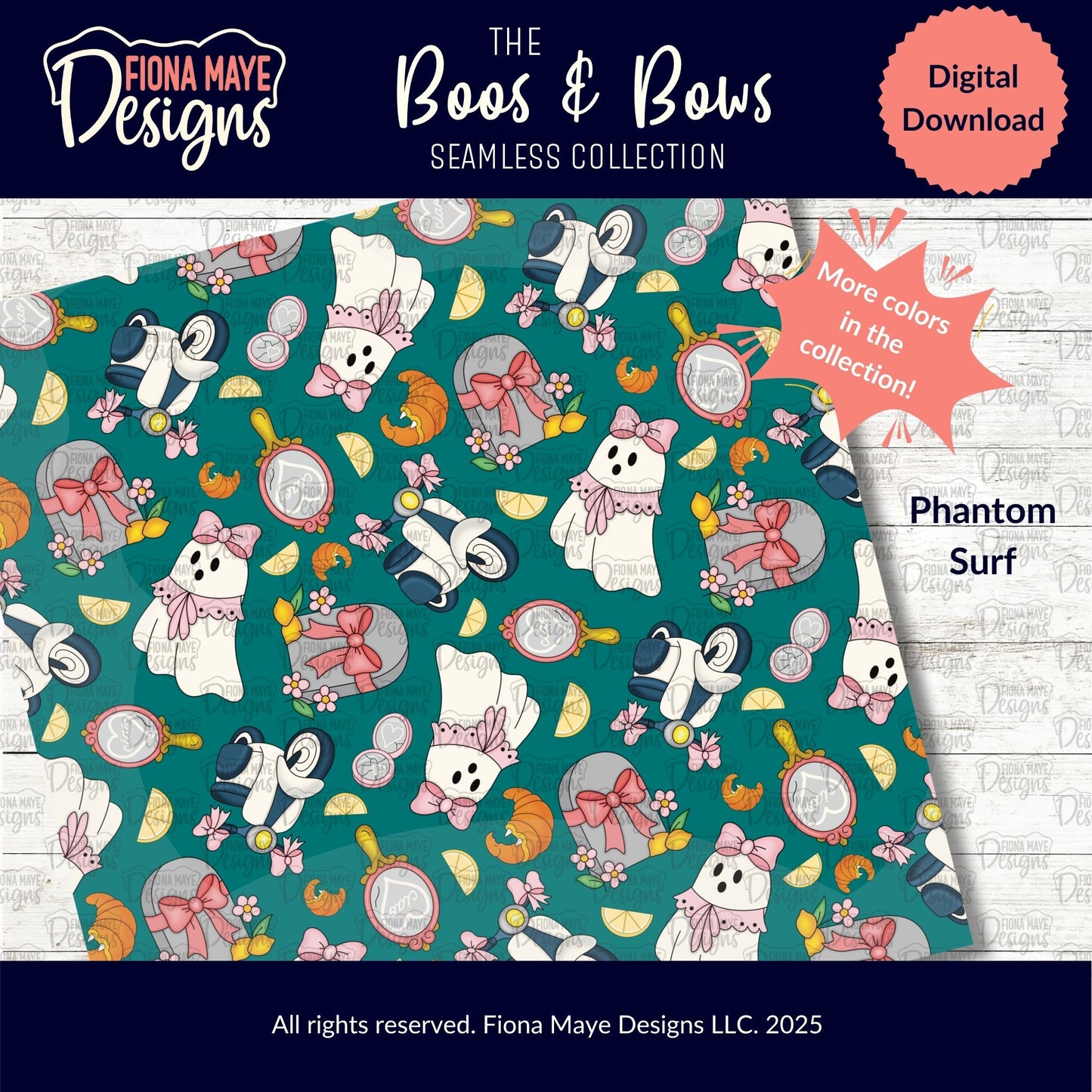 Digital download ad for Fiona Maye Designs' Boos & Bows Seamless Collection, showcasing teal ghost-themed patterns with vampire croissants, florals, and bows, plus product details and colorway name “Phantom Surf.”