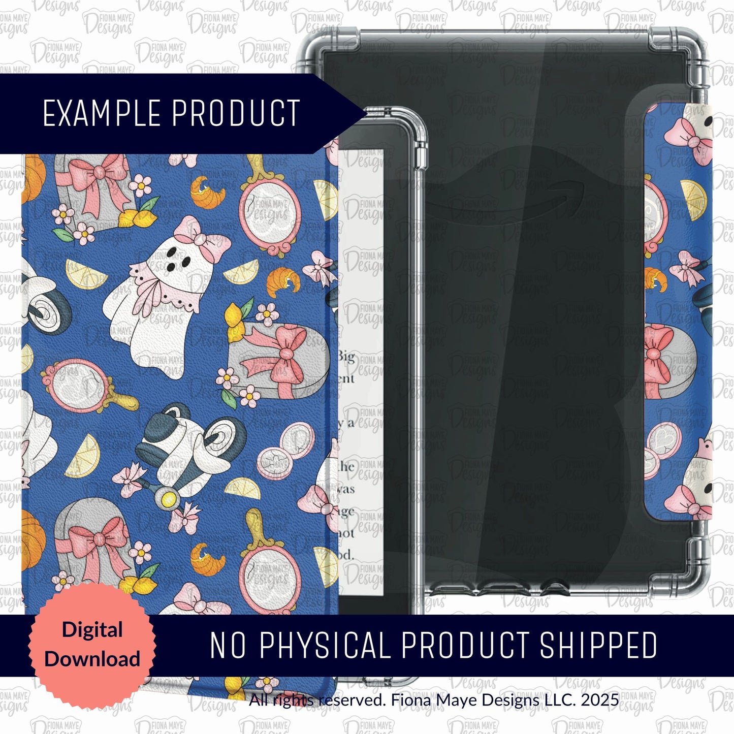 Digital design mockup for an e-reader case featuring a blue background with whimsical illustrations of ghosts and mopeds, along with lemons, flowers, mirrors, and bows
