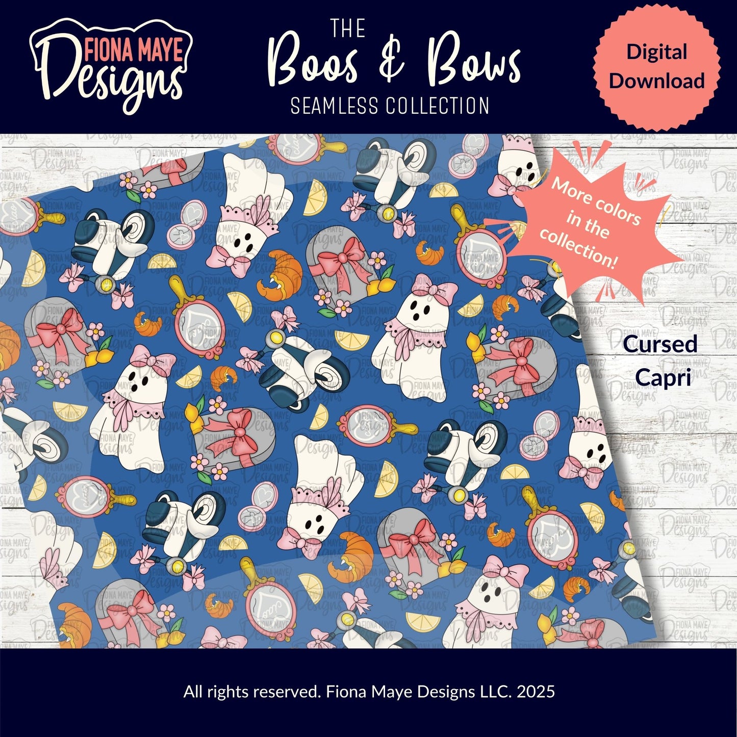 Fiona Maye Designs 'The Lost Souls' Seamless Collection digital download with ghostly and tombstone pattern on a bright blue background.