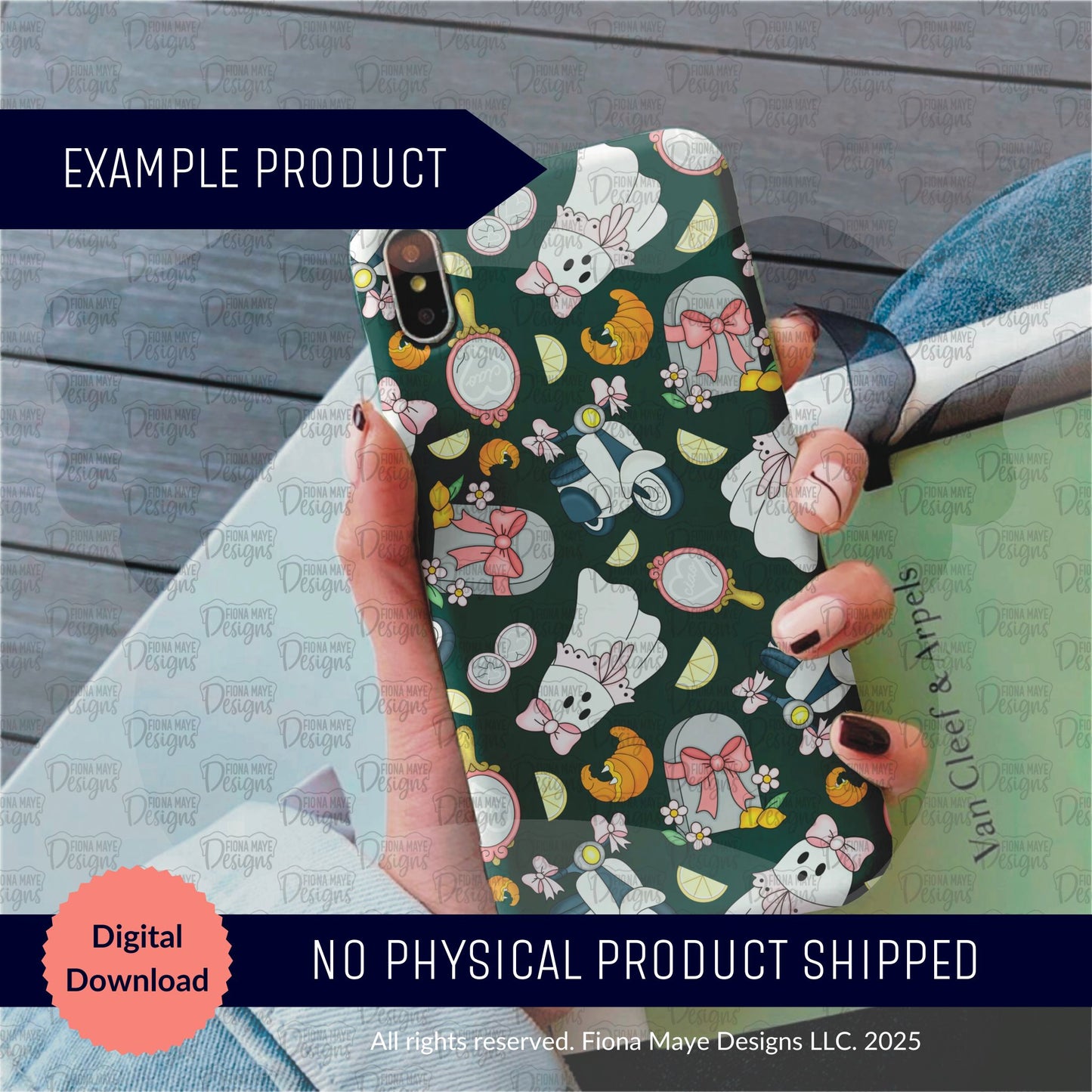 Cell phone case with ghost and tombstone pattern on a dark teal background, with text indicating it's a digital download.