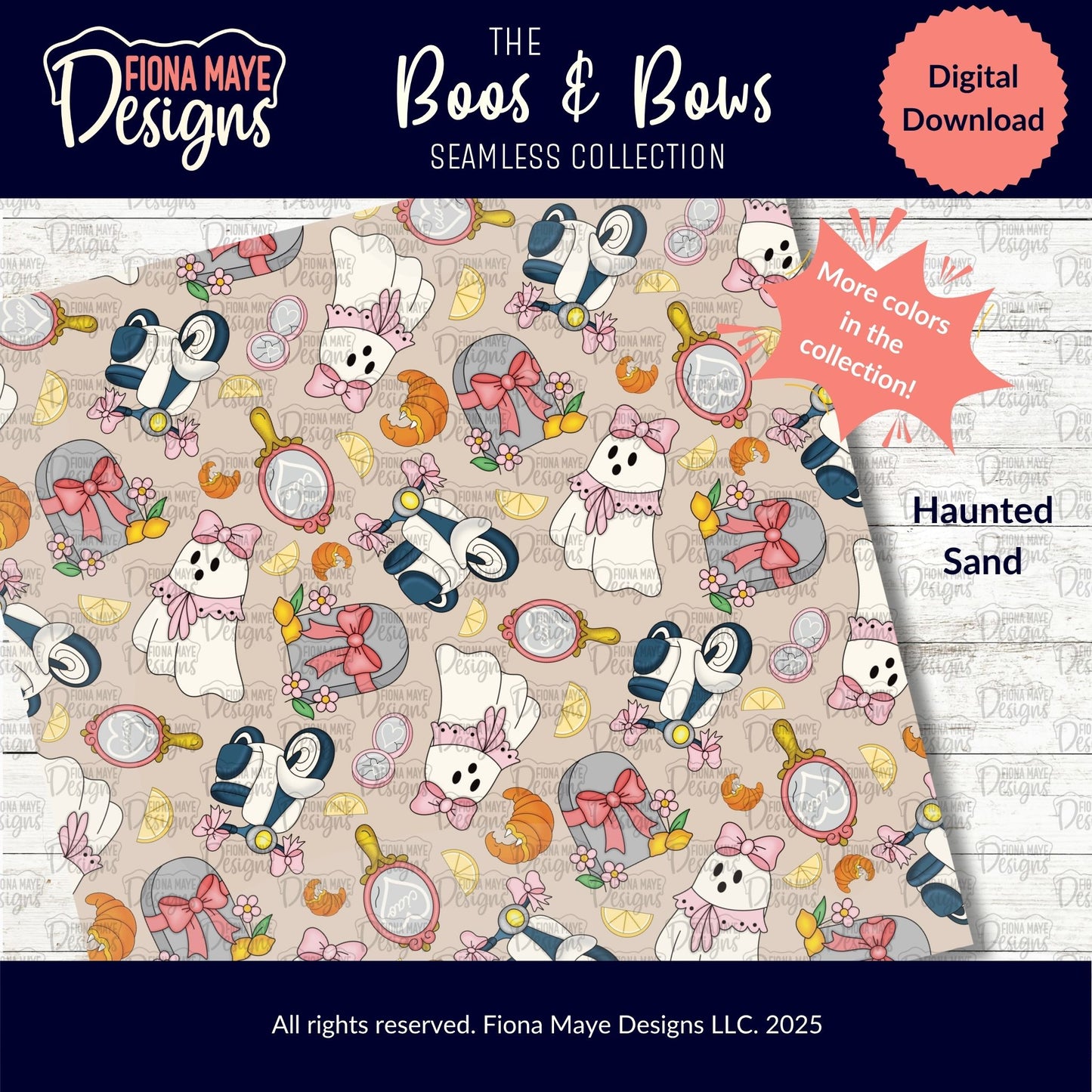 Fiona Maye Designs 'Boos & Bows seamless collection digital download with ghost and tombstone pattern on a beige background.