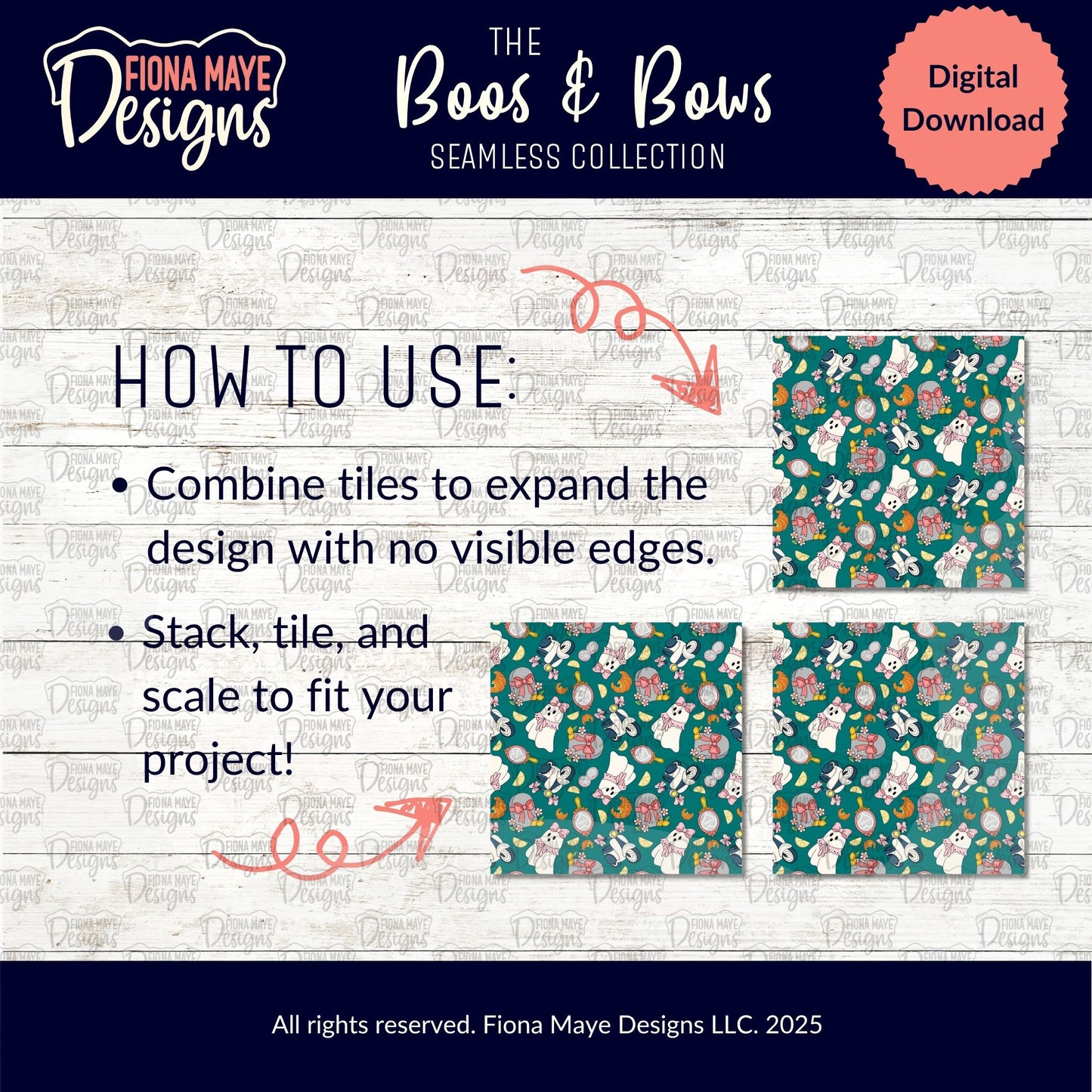 Fiona Maye Designs 'Boos & Bows' seamless collection digital download with patterned tiles and usage instructions.