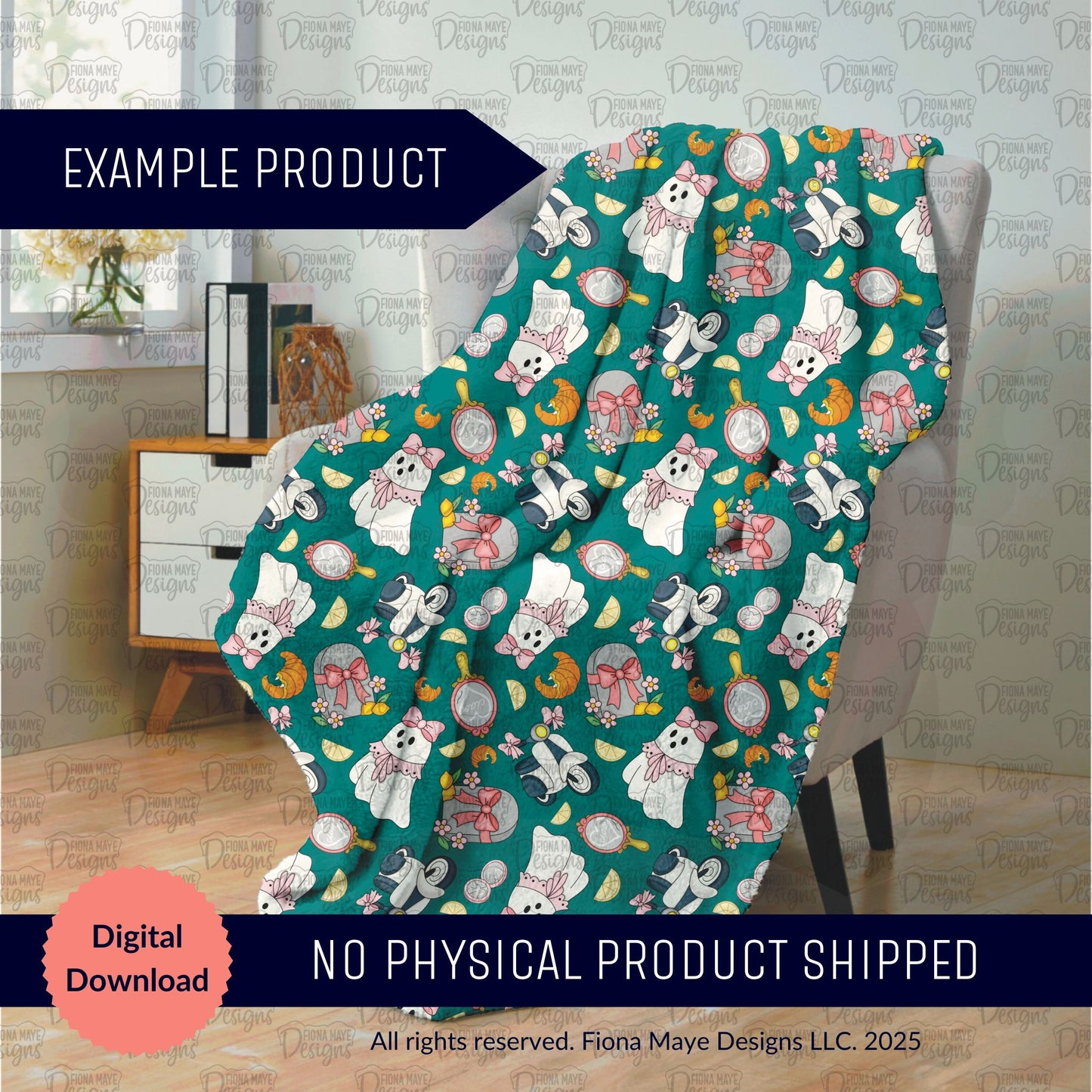 Decorative blanket with a ghost and Amalfi coast pattern on a chair, with text indicating it's a digital download.