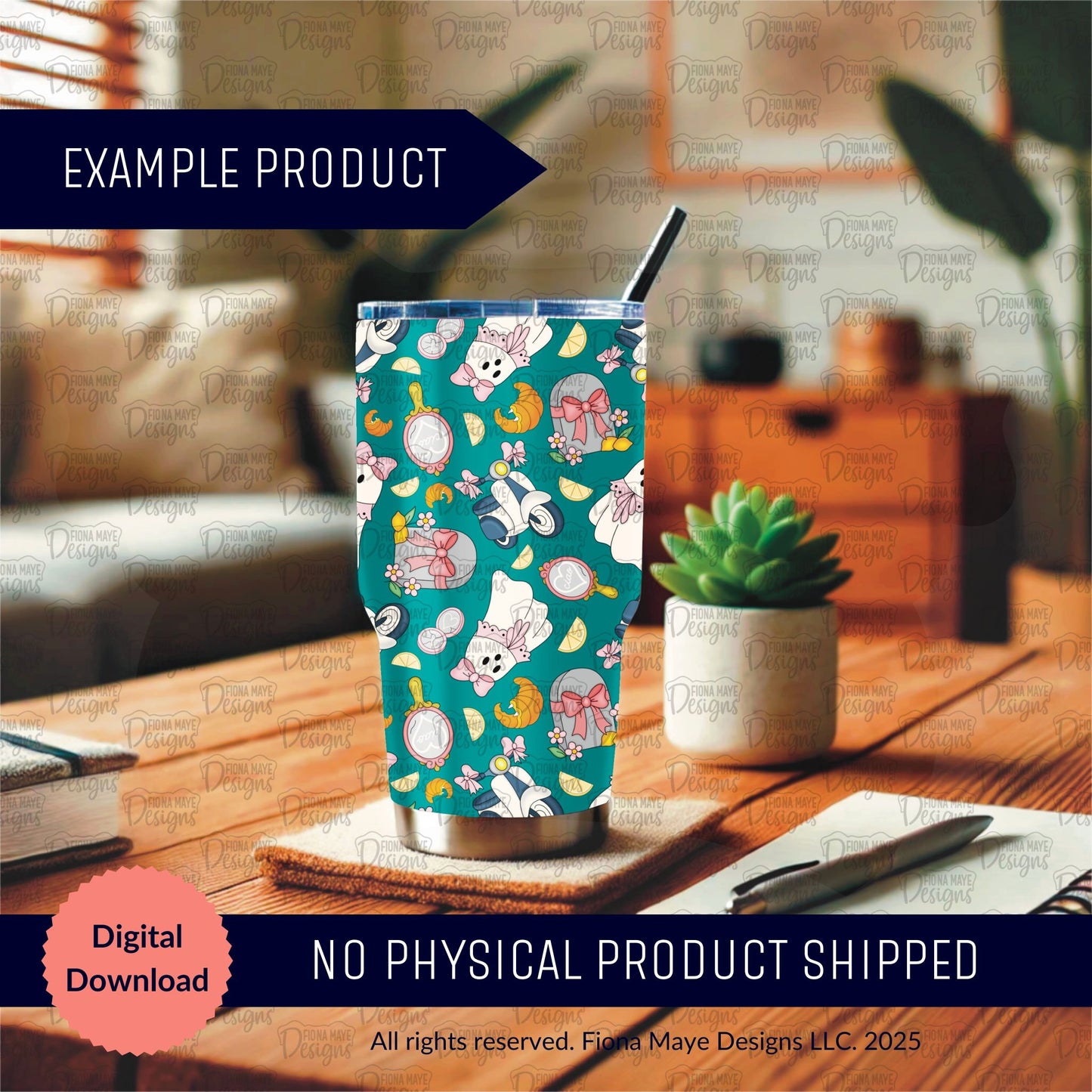Tumbler with Halloween-themed design featuring ghosts, bats, and tombstones on a teal green background.