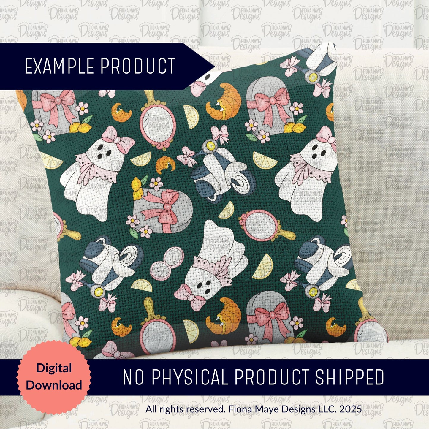 Decorative pillow with Halloween-themed design featuring ghosts, pumpkins, and other elements on a green background.