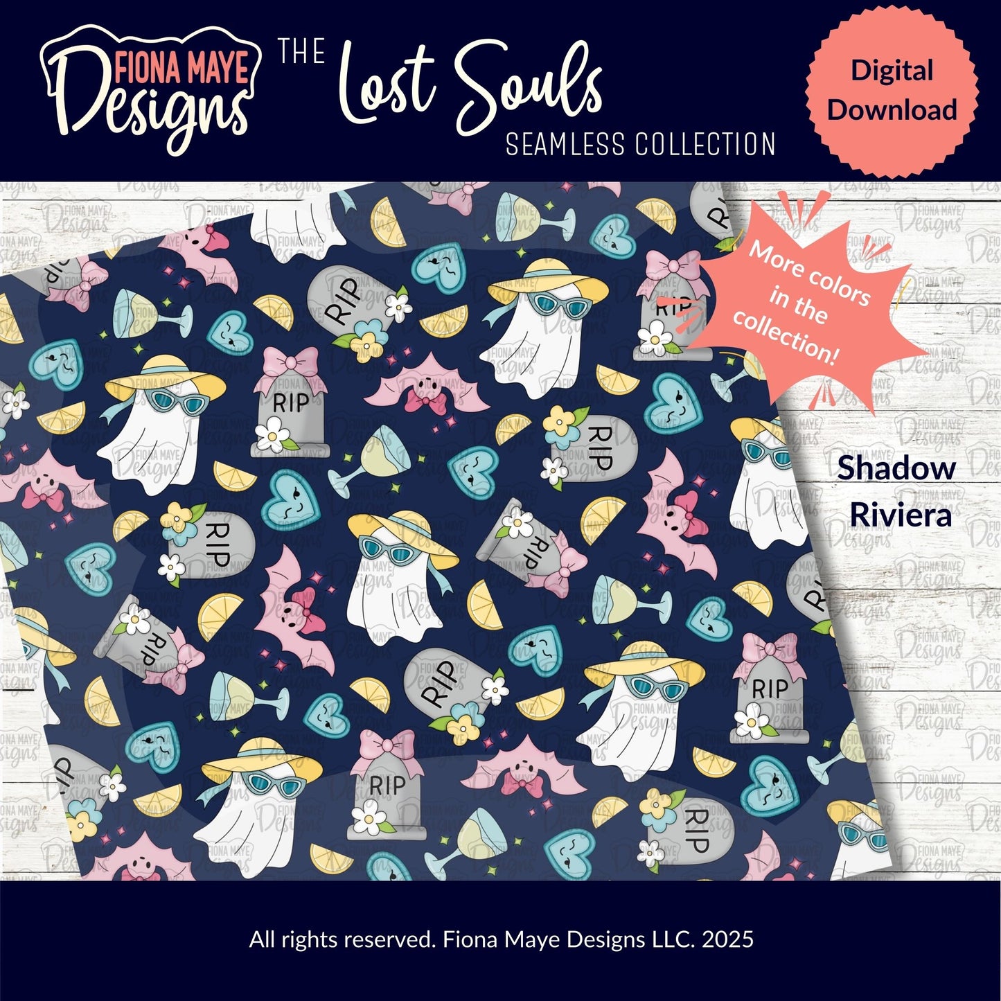 Fiona Maye Designs 'The Lost Souls' Seamless Collection digital download with ghost and tombstone pattern on a blue background.