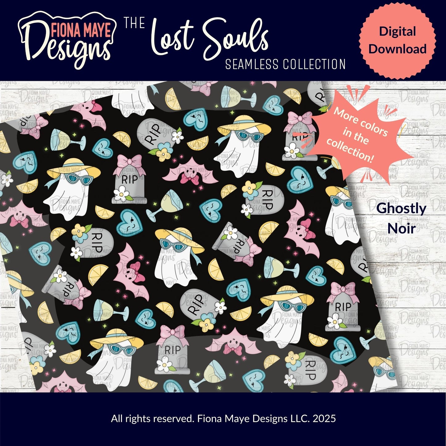 Fiona Maye Designs 'The Lost Souls' Seamless Collection digital download with ghostly and tombstone pattern on a black background. Demonstrating an alternate color choice for the same pattern.