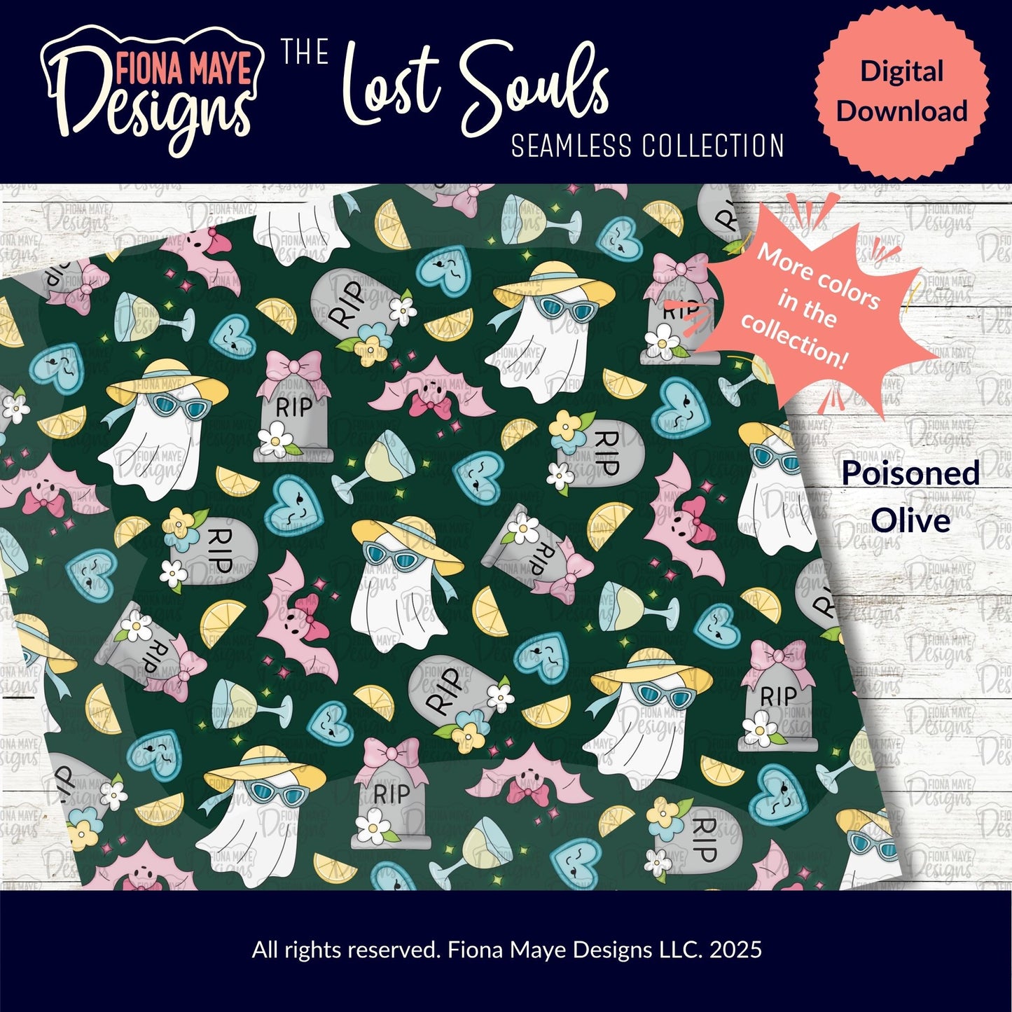 Fiona Maye Designs 'The Lost Souls' seamless collection digital download with ghost and tombstone pattern on a green background.