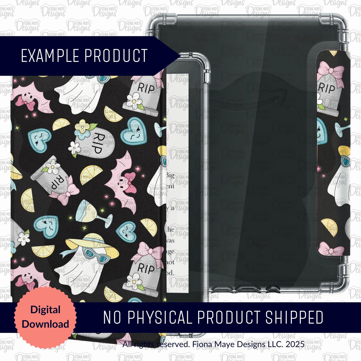 Phone case with Halloween-themed design featuring ghosts, bats, and 'RIP' signs on a black background.
