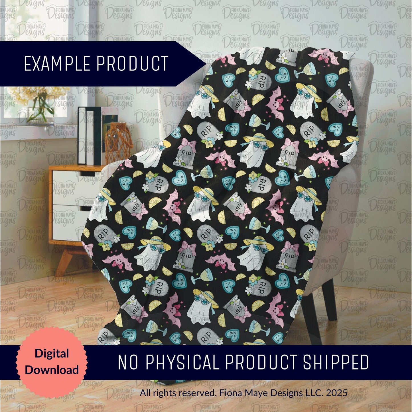 Chair with a Halloween patterned blanket in a room setting, with text indicating it's a digital download product.