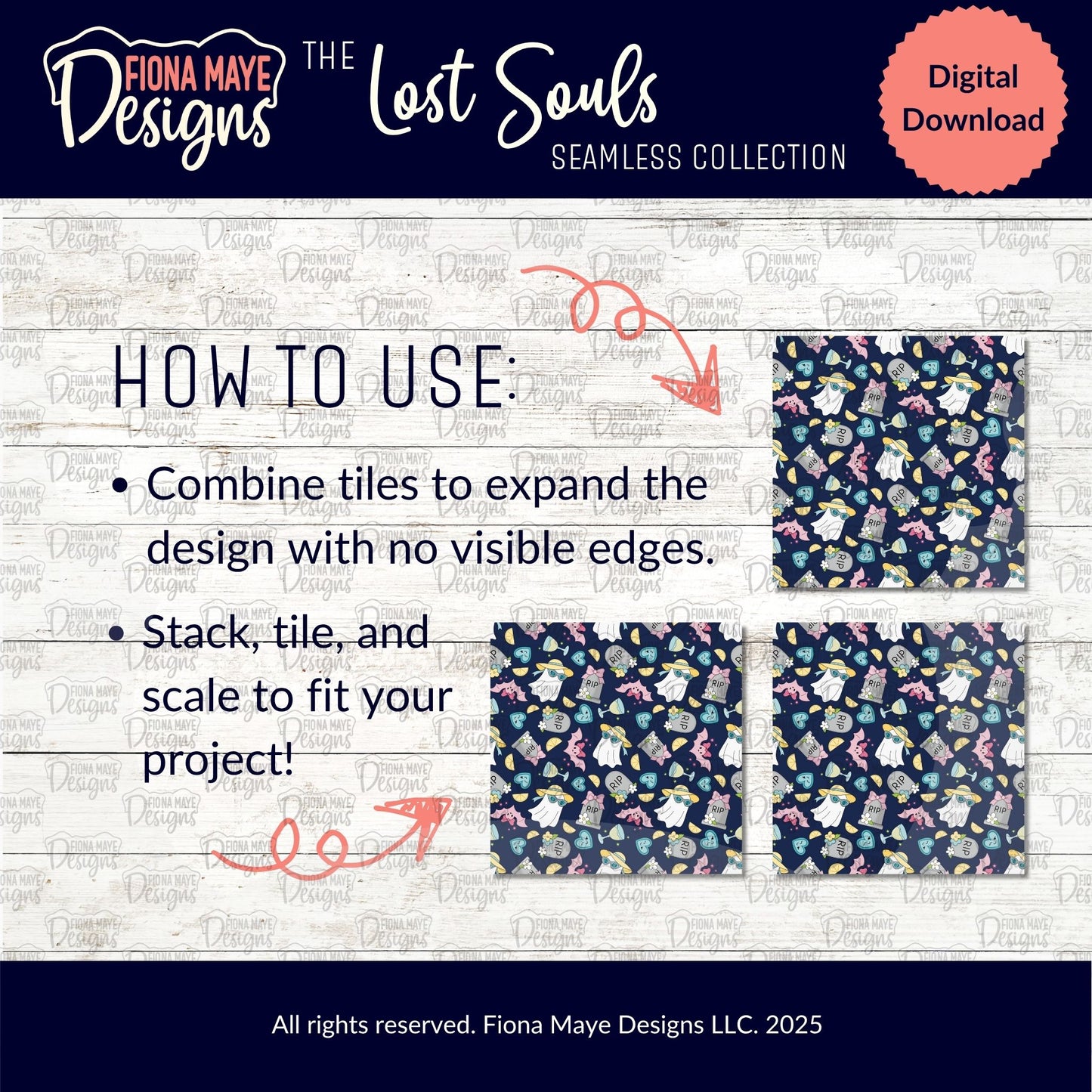 Fiona Maye Designs digital download for 'The Lost Souls' seamless collection with patterned tiles on a white brick background demonstrating how the pattern is seamless.