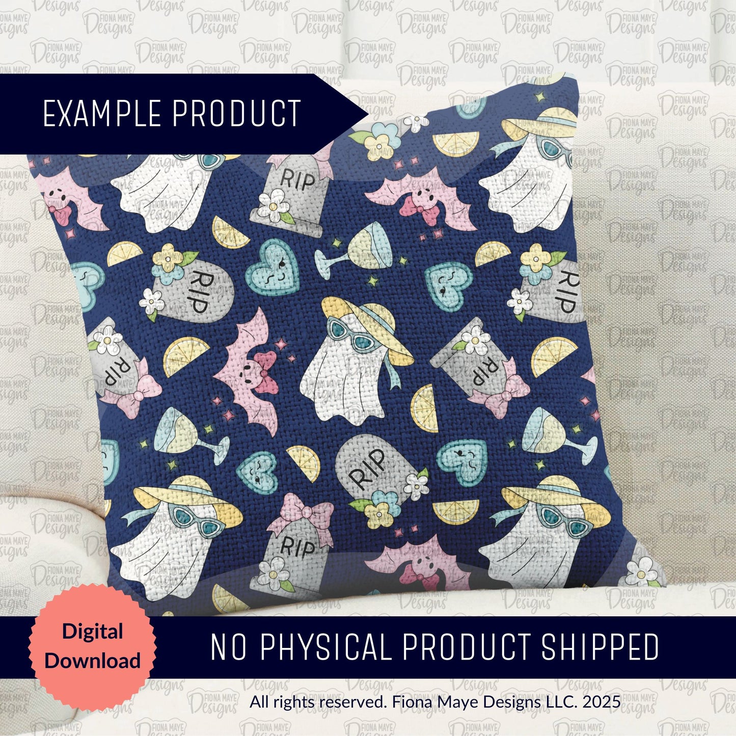 Decorative pillow with ghost and tombstone pattern on a blue background, with text indicating it's a digital download.