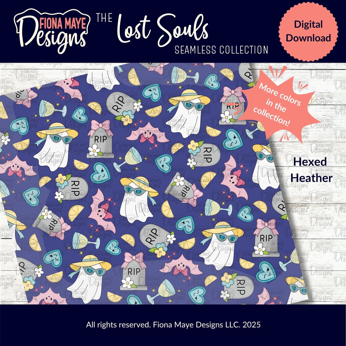 Fiona Maye Designs 'The Lost Souls' seamless collection digital download with ghost and tombstone pattern on a blue background.
