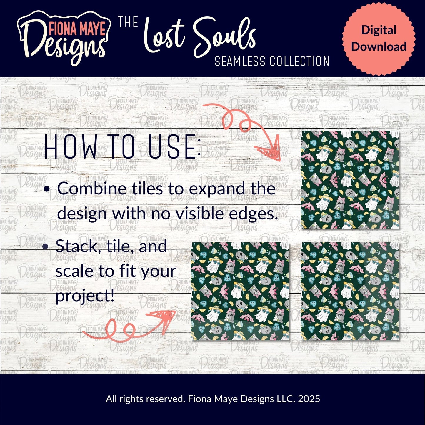 Fiona Maye Designs 'The Lost Souls' seamless collection digital download with patterned tiles and usage instructions.