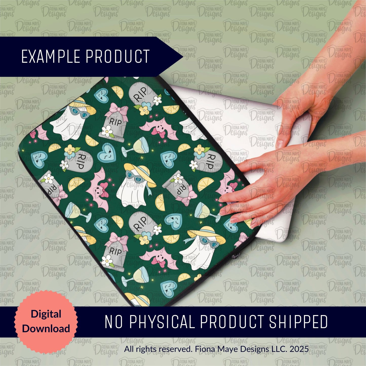 A laptop sleeve with a green design featuring ghosts and tombstones, and branding text.