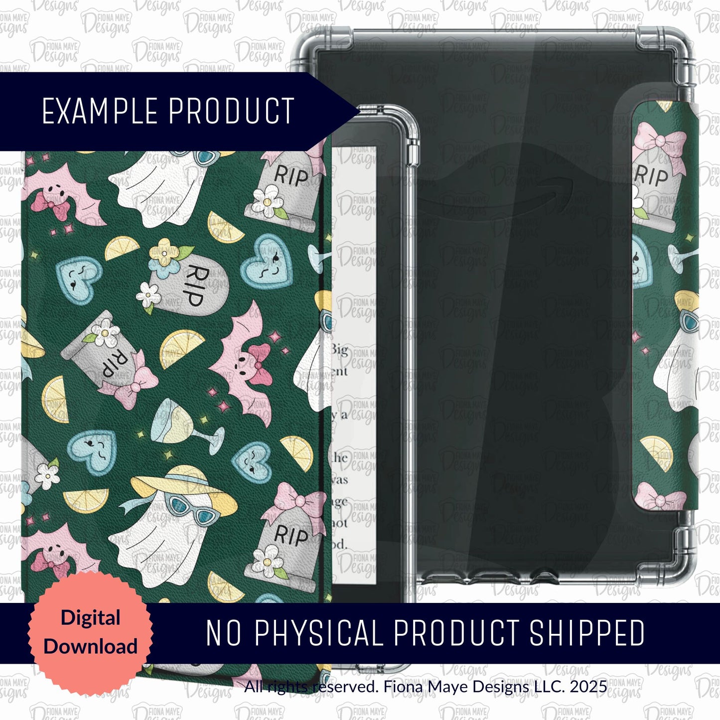 eReader case with Halloween-themed design featuring ghosts, bats, and tombstones on a green background.