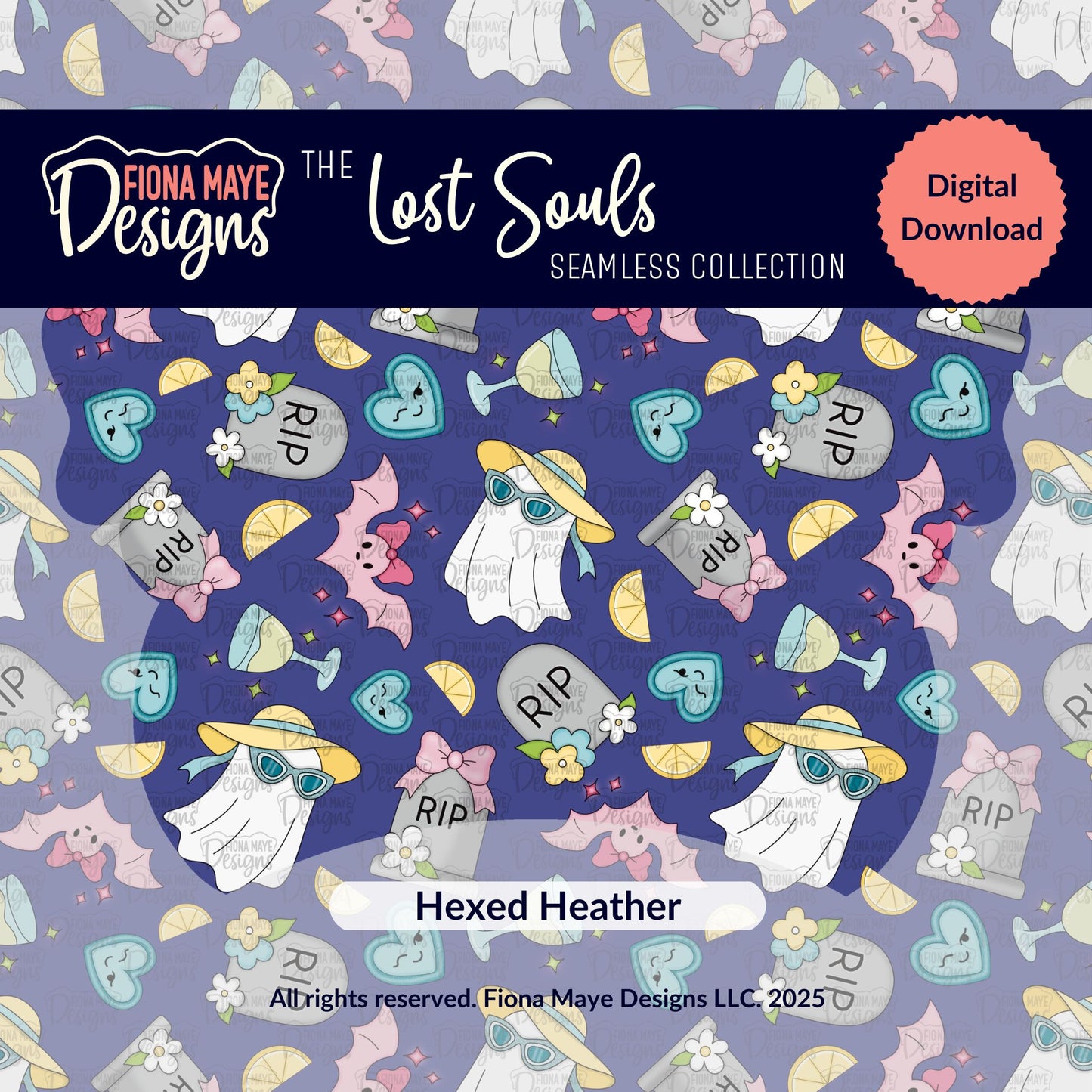 Patterned design with ghosts, tombstones, and flowers on a royal purple background with 'Fiona Maye Designs' branding.