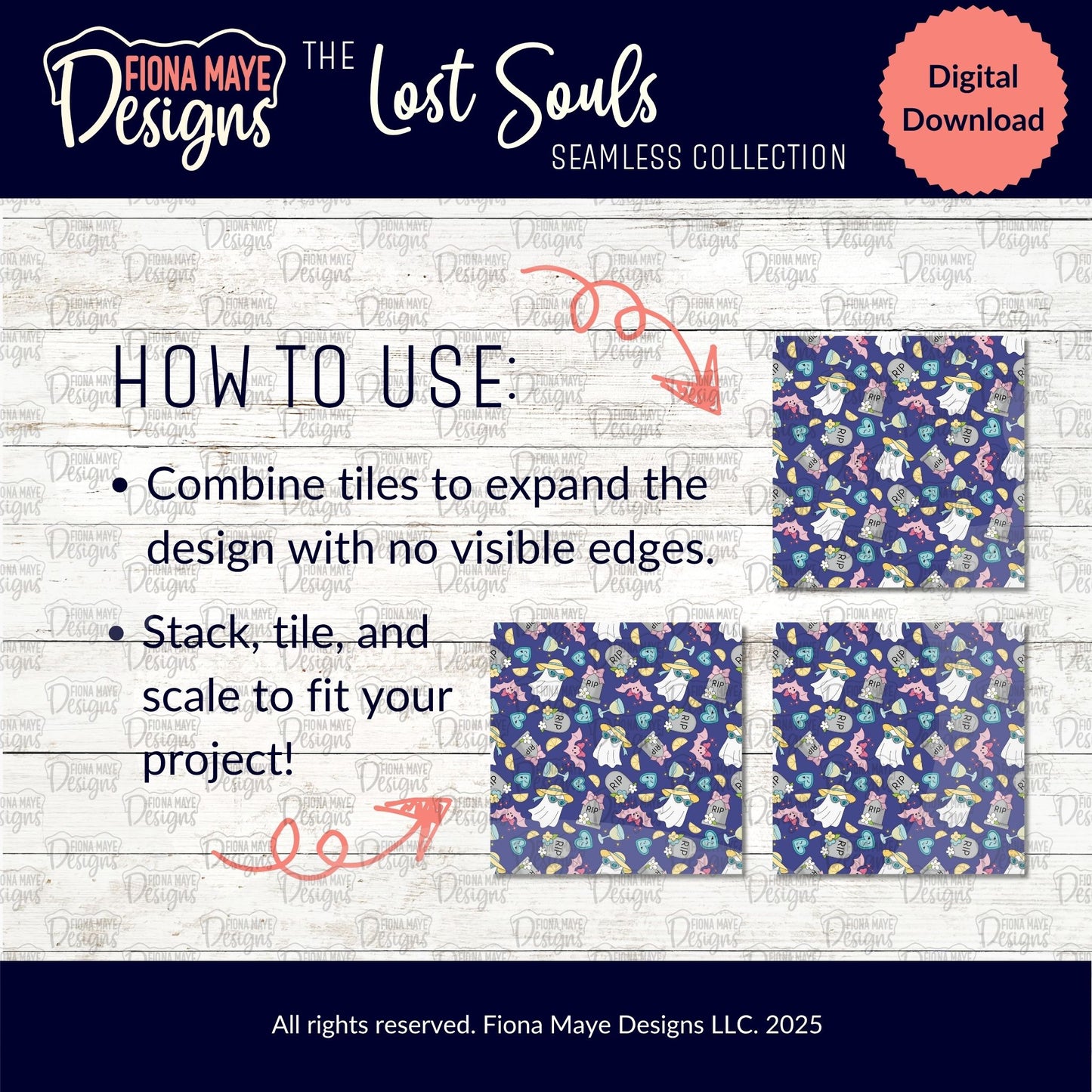 Fiona Maye Designs 'The Lost Souls' seamless collection digital download with patterned tiles on a white background demonstrating how the pattern is seamless.
