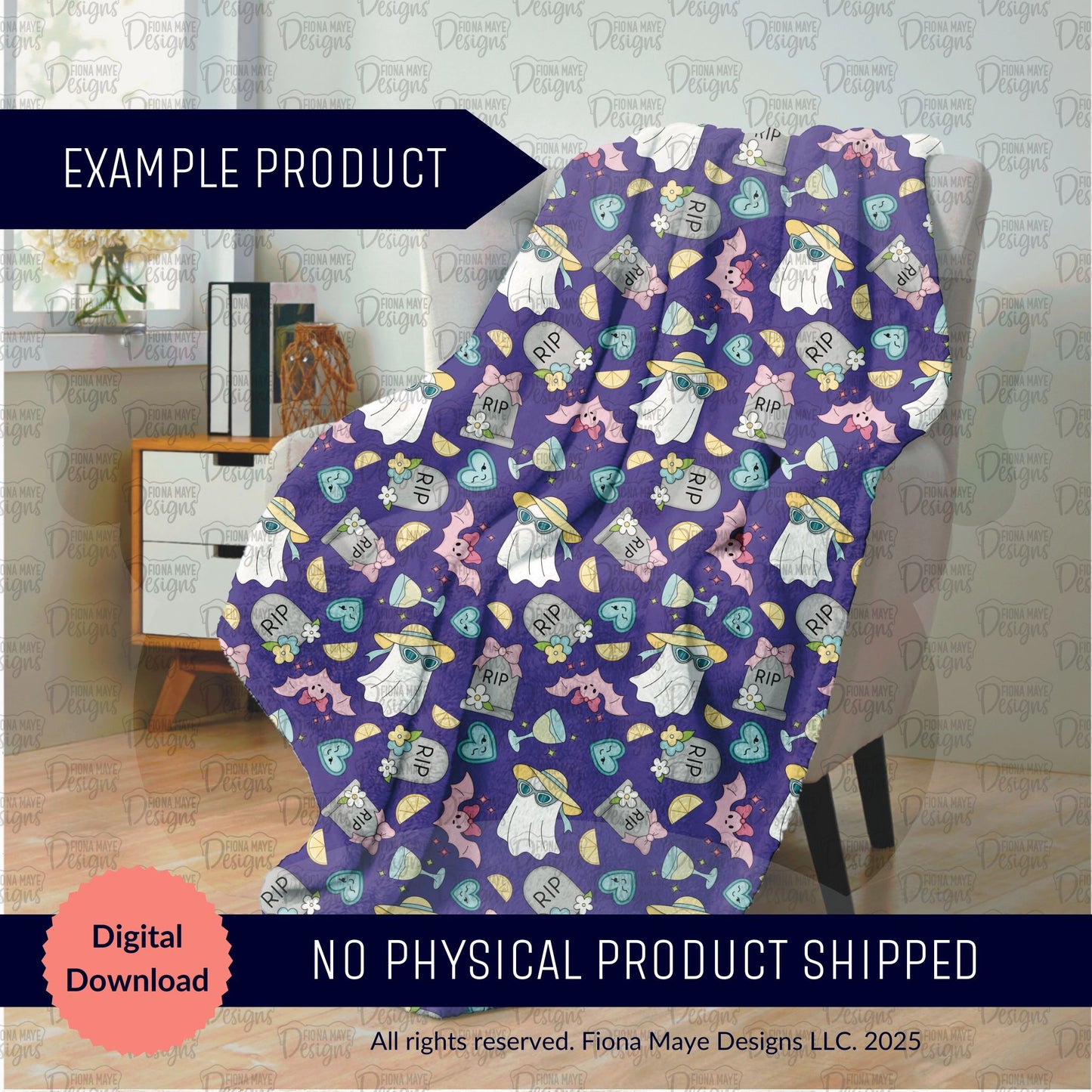 Purple blanket covering a chair with a ghost pattern and text indicating it's a digital download.
