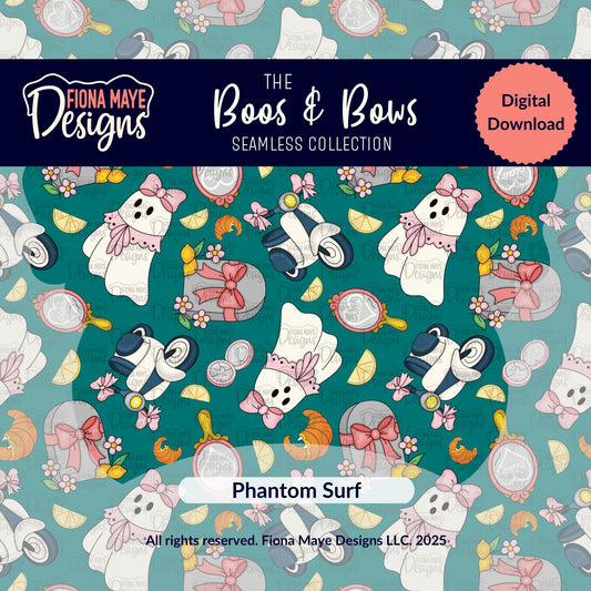 Patterned design with ghosts, tombstones, and flowers by Fiona Maye Designs on a teal green background.