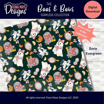 Fiona Maye Designs Halloween-themed pattern with ghosts, bows, and other elements on a dark green background.