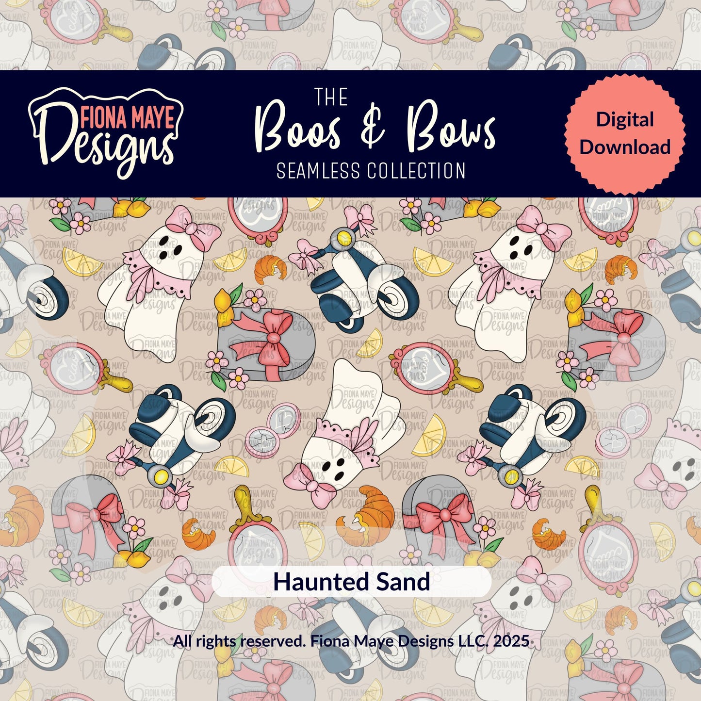Patterned design with ghosts, tombstones, and flowers on a beige background with 'Fiona Maye Designs' branding.