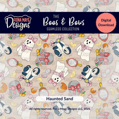 Patterned design with ghosts, tombstones, and flowers on a beige background with 'Fiona Maye Designs' branding.