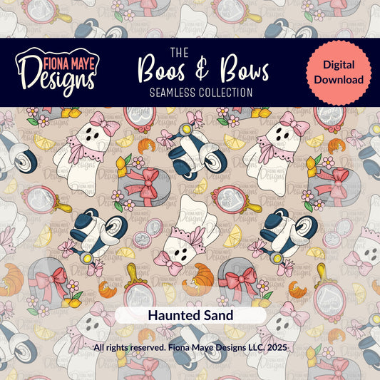 Patterned design with ghosts, tombstones, and flowers on a beige background with 'Fiona Maye Designs' branding.