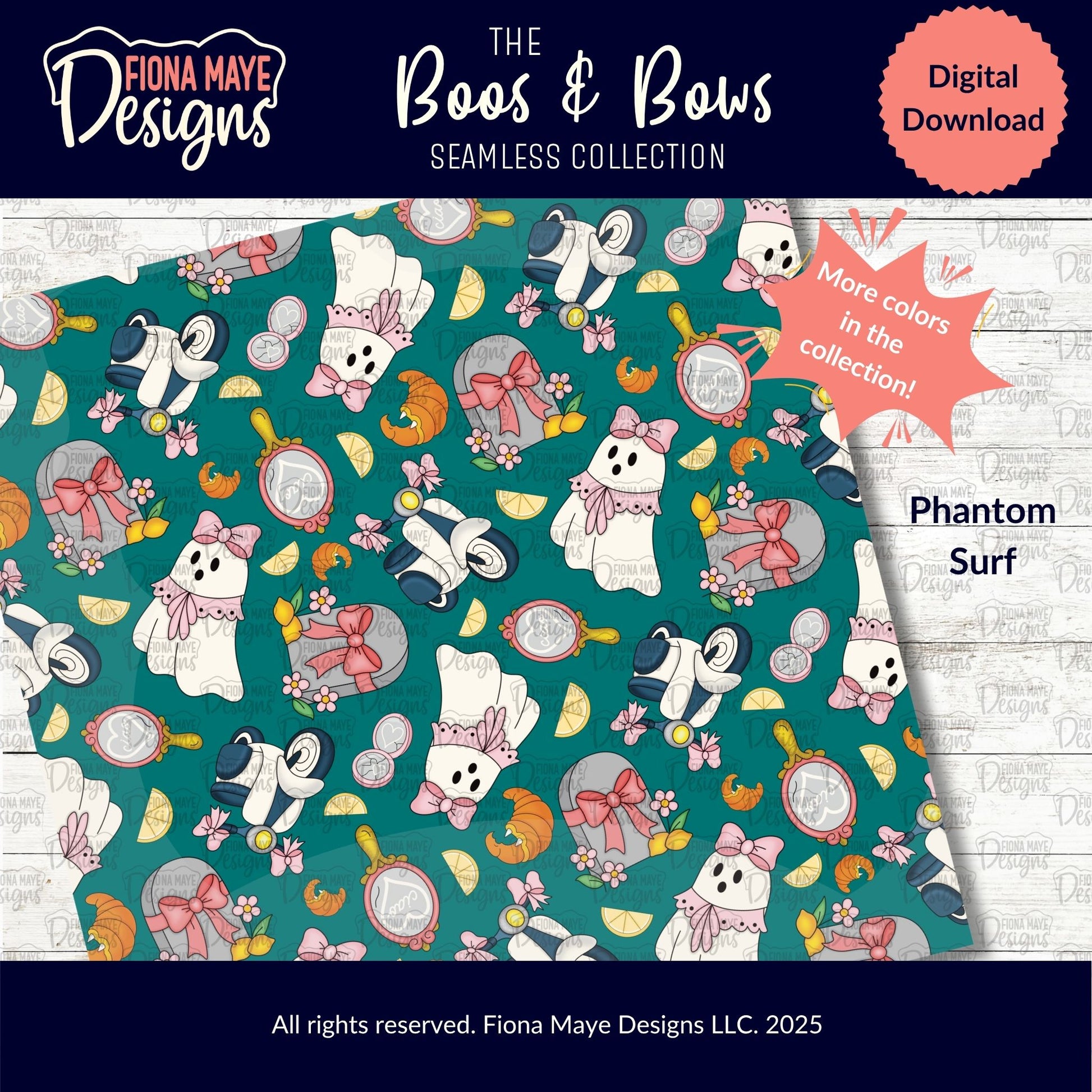 Digital download ad for Fiona Maye Designs' Boos & Bows Seamless Collection, showcasing teal ghost-themed patterns with vampire croissants, florals, and bows, plus product details and colorway name “Phantom Surf.”