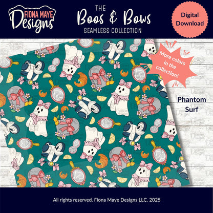 Digital download ad for Fiona Maye Designs' Boos & Bows Seamless Collection, showcasing teal ghost-themed patterns with vampire croissants, florals, and bows, plus product details and colorway name “Phantom Surf.”