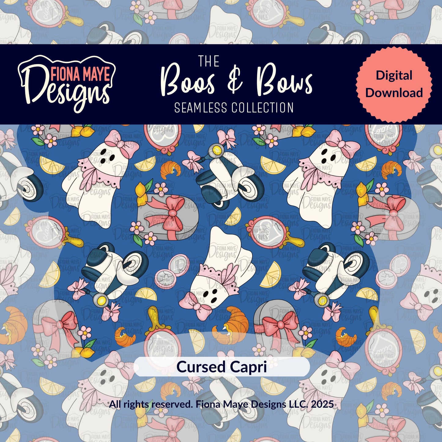 Seamless pattern featuring cute ghosts with bows and scarves, surrounded by mirrors, flowers, and leaves on a blue background.