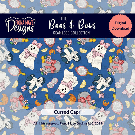Seamless pattern featuring cute ghosts with bows and scarves, surrounded by mirrors, flowers, and leaves on a blue background.