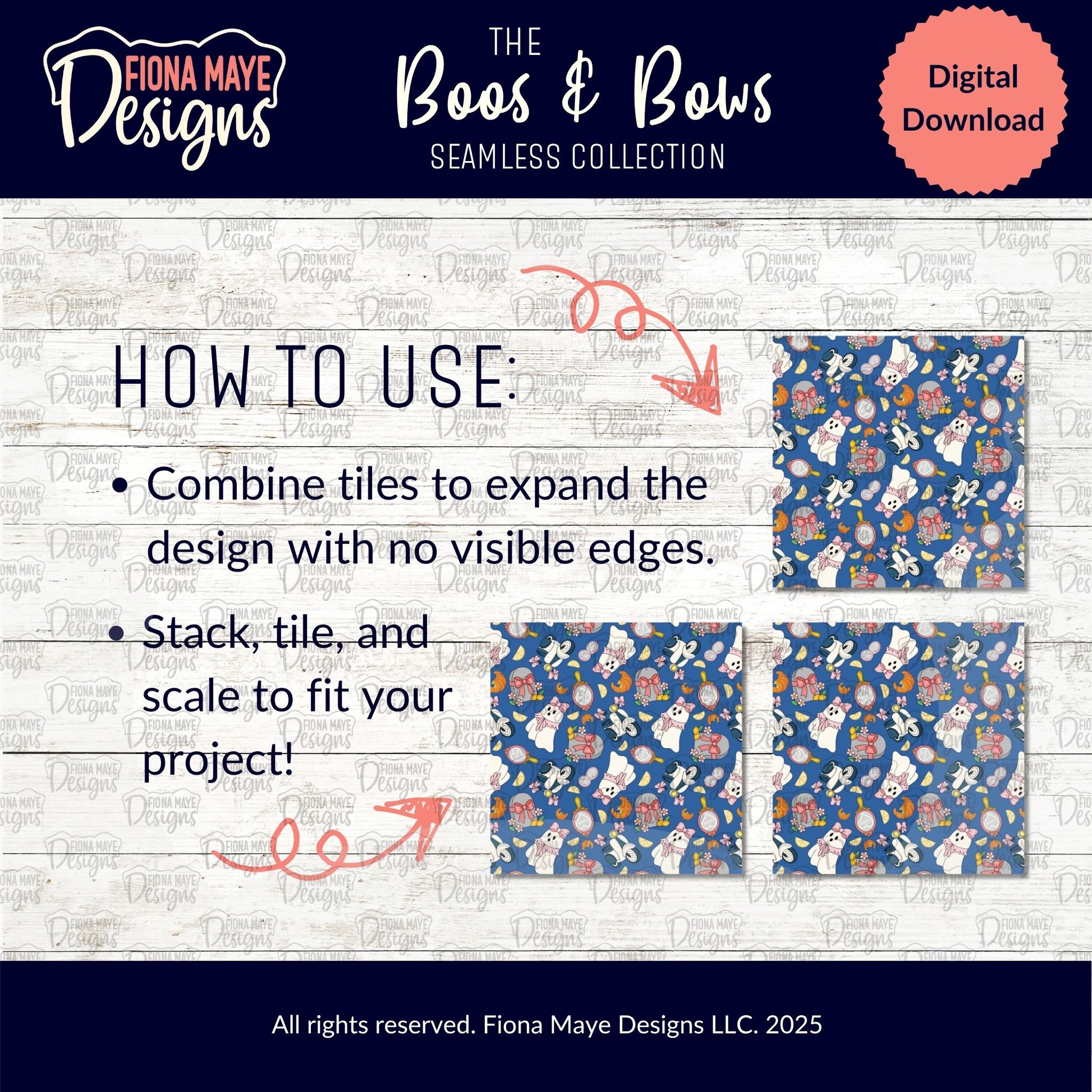 Promotional graphic for Fiona Maye Designs’ Boos & Bows Seamless Collection, showing usage tips and tiled examples of the ghost-themed pattern on a teal background.