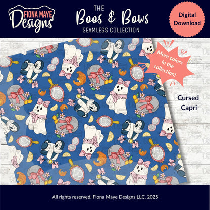 Fiona Maye Designs 'The Lost Souls' Seamless Collection digital download with ghostly and tombstone pattern on a bright blue background.