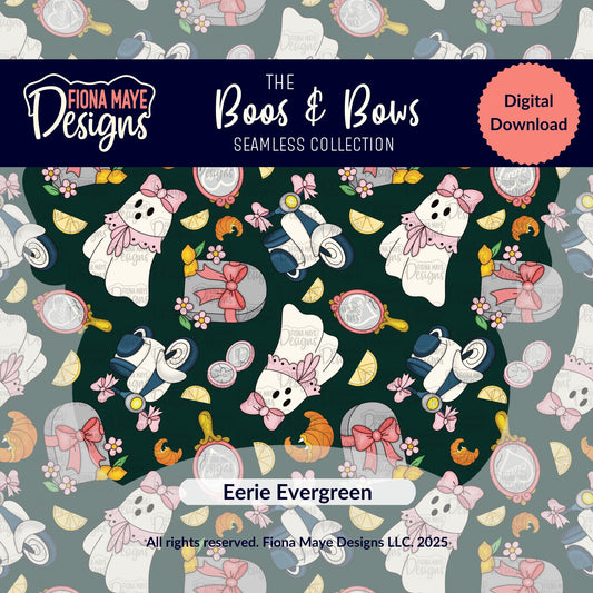 Patterned design with ghosts, bows, and Halloween elements by Fiona Maye Designs.