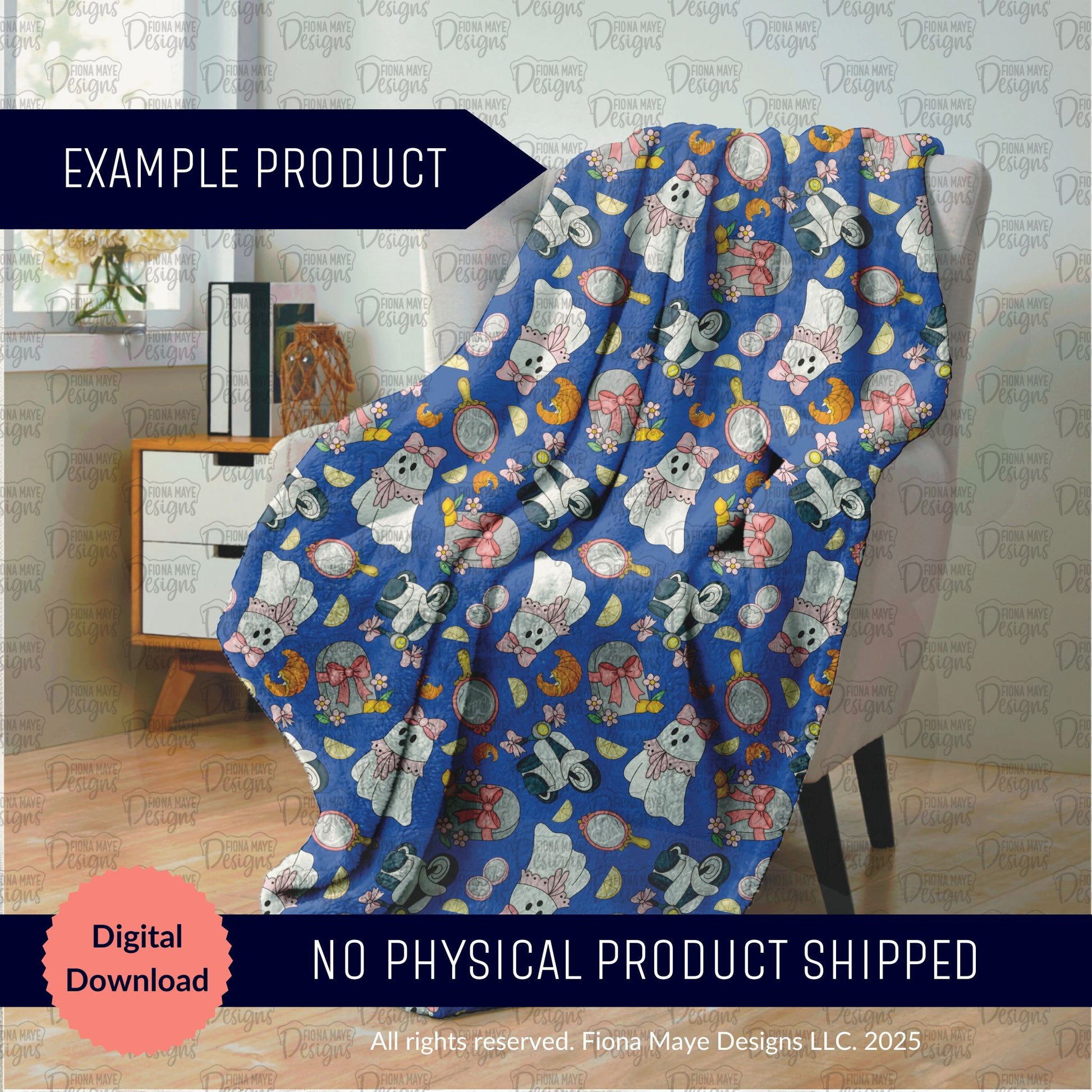 Blue blanket with ghost and moped pattern draped over a chair in a room setting, with text indicating it's a digital download.