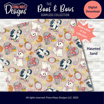 Fiona Maye Designs 'Boos & Bows seamless collection digital download with ghost and tombstone pattern on a beige background.