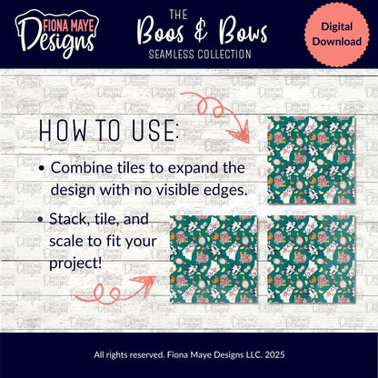 Fiona Maye Designs 'Boos & Bows' seamless collection digital download with patterned tiles and usage instructions.