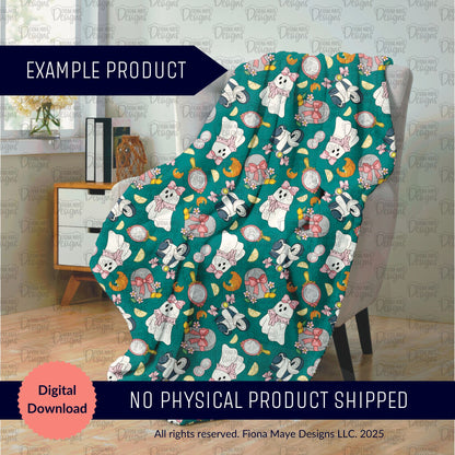 Decorative blanket with a ghost and Amalfi coast pattern on a chair, with text indicating it's a digital download.