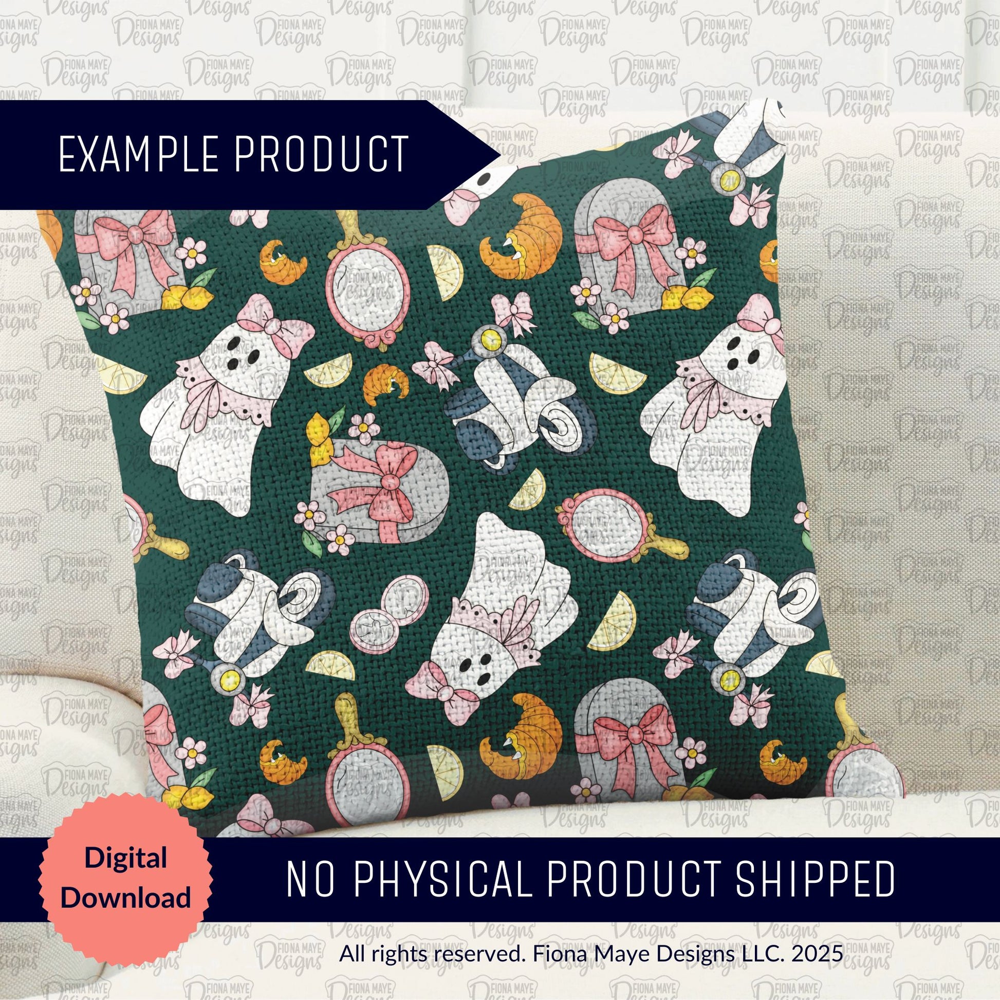 Decorative pillow with Halloween-themed design featuring ghosts, pumpkins, and other elements on a green background.