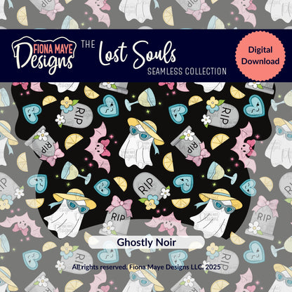 Fiona Maye Designs 'The Lost Souls' Seamless Collection featuring ghosts and tombstones on a black background.