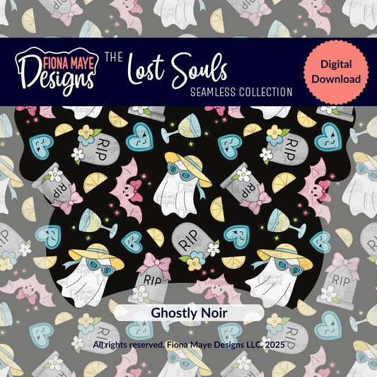 Fiona Maye Designs 'The Lost Souls' Seamless Collection featuring ghosts and tombstones on a black background.