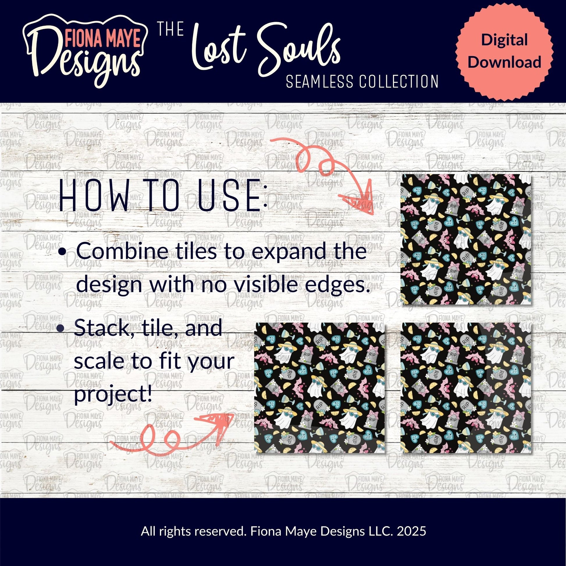 Digital download guide for Fiona Maye Designs' 'The Lost Souls' seamless collection with patterned tiles demonstrating how to use.