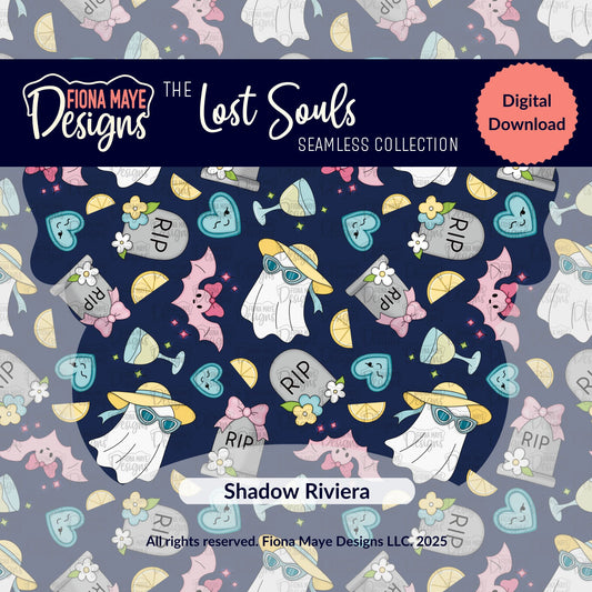 Seamless digital pattern from Fiona Maye Designs featuring cartoon ghosts in sunglasses and hats, pink and blue bats, tombstones, hearts, flowers, and lemon slices on a dark blue background; titled "The Lost Souls Seamless Collection – Shadow Riviera."