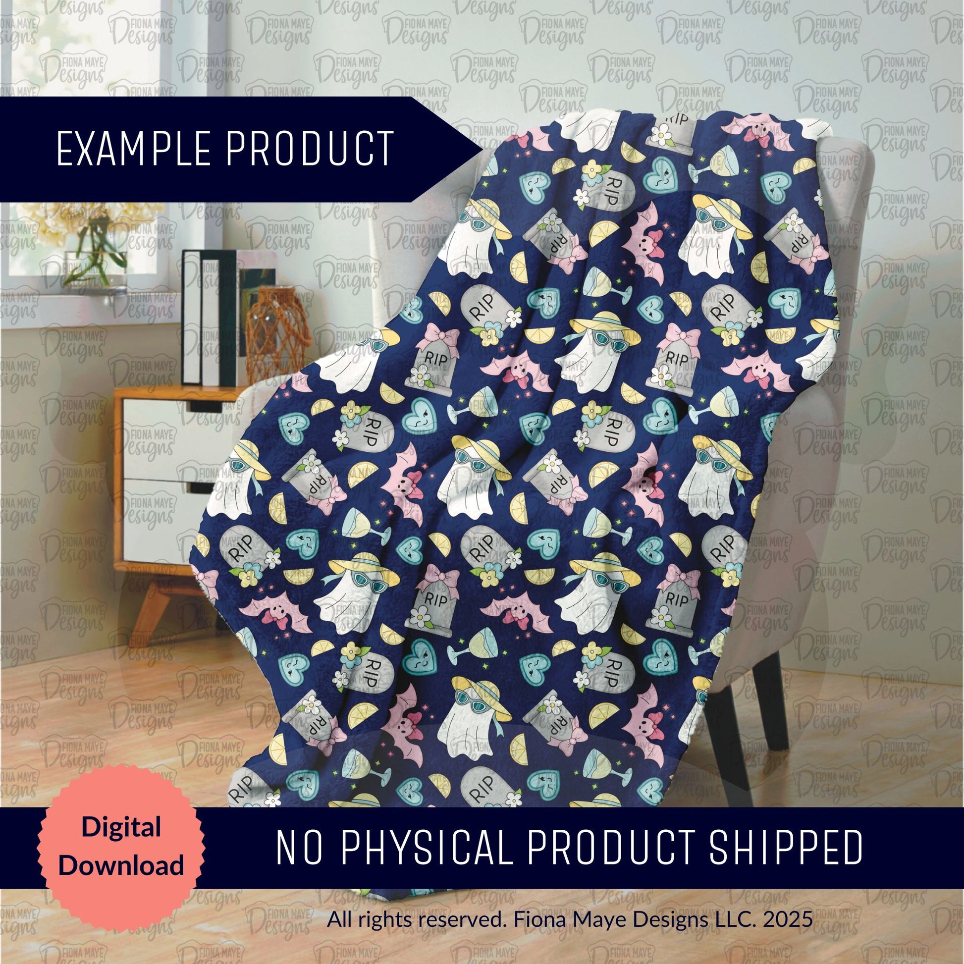 Mockup image of a blanket displaying a Halloween-themed seamless pattern titled “Lost-Souls – Shadow Riviera,” featuring cartoon ghosts marked “RIP,” tombstones, bats, hearts, and flowers on a dark blue background. Includes overlay text indicating this is a digital download only and no physical product will be shipped; watermark reads “Fiona Maye Designs” in repeating text.