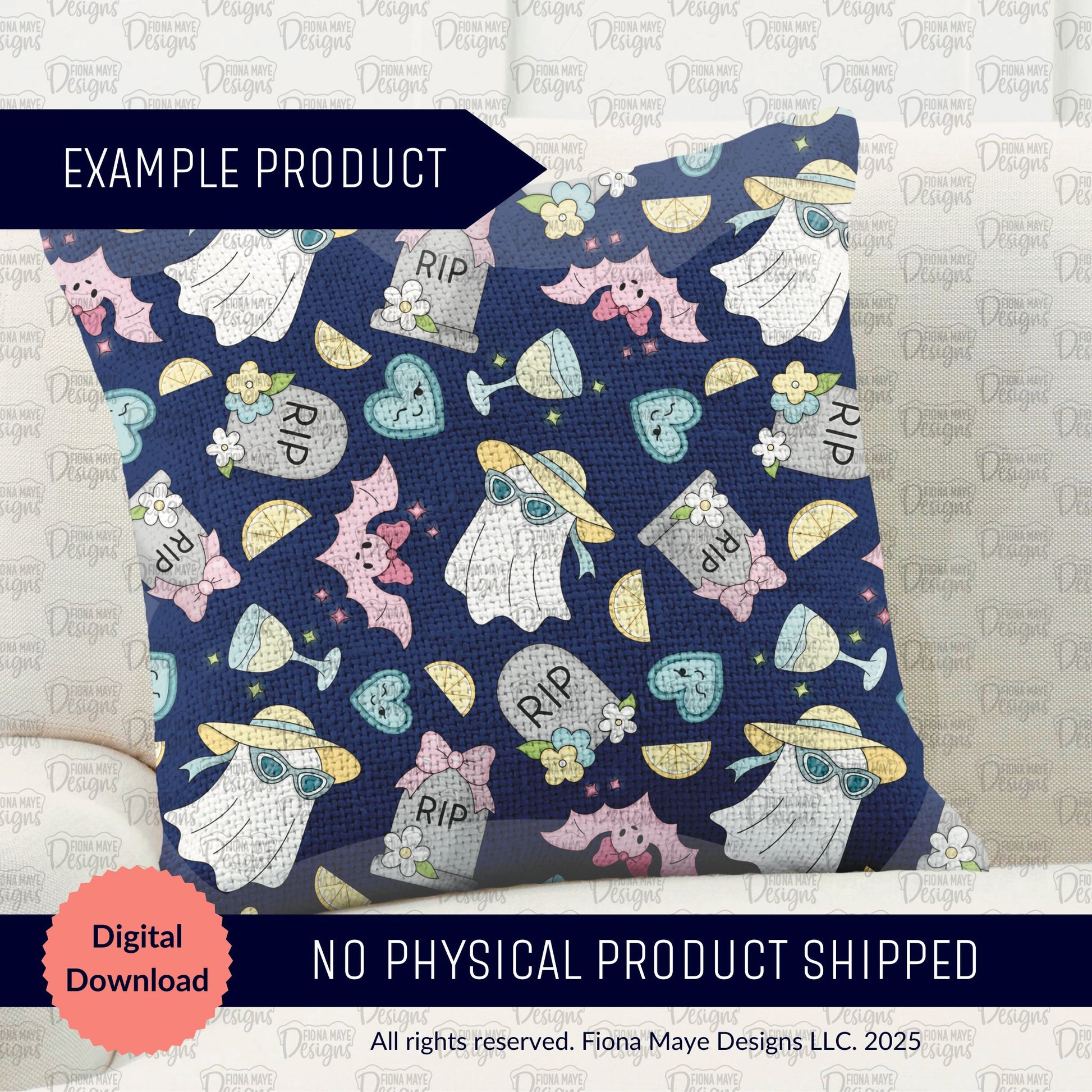 Decorative pillow with ghost and tombstone pattern on a blue background, with text indicating it's a digital download.