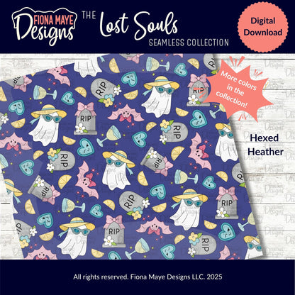 Fiona Maye Designs 'The Lost Souls' seamless collection digital download with ghost and tombstone pattern on a blue background.